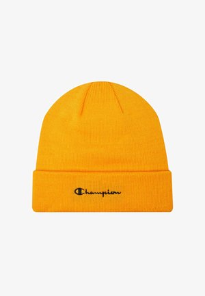 Berretto beanie lavorato a maglia di un arancione acceso con risvolto sulla tesa e logo Champion nero ricamato al centro davanti.