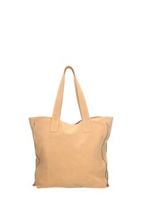 Borsa tote in suede beige con due manici robusti, caratterizzata da un sottile dettaglio con zip laterale. Texture morbida e design semplice.