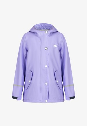 Fialová nepremokavá bunda do dažďa s kapucňou, patentkami, dvomi prednými vreckami, reflexnými pruhmi a bielym logom dáždnika na hrudi.