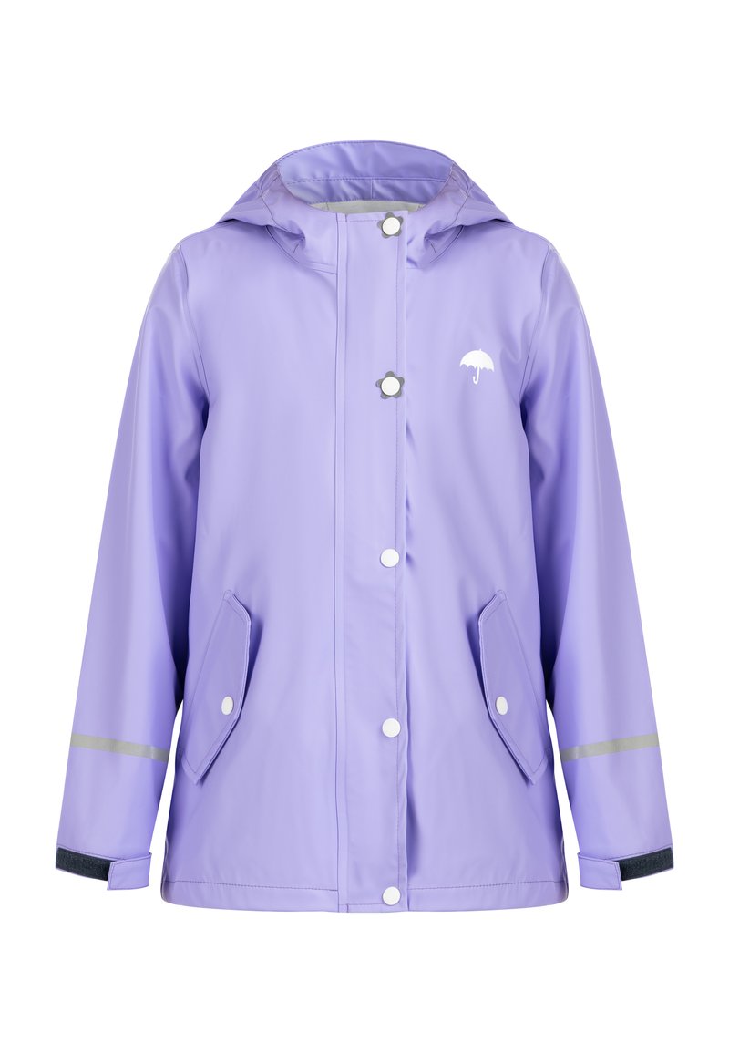 Lilafarbene wasserdichte Regenjacke mit Kapuze, Druckknöpfen, zwei Fronttaschen, reflektierenden Streifen und einem weißen Regenschirm-Logo auf der Brust.