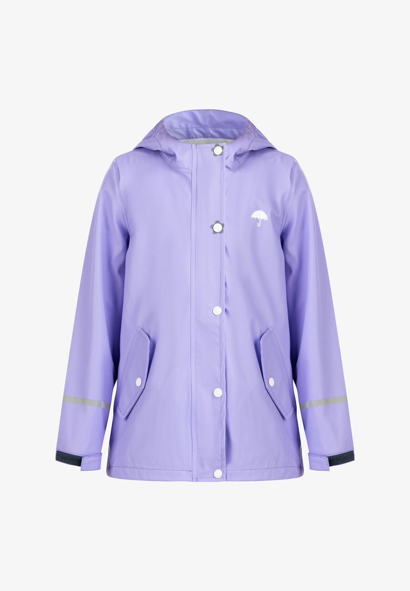 Lillāks ūdensnecaurlaidīgs lietusmētelis ar kapuci, uzspiedējs pogas, divas priekšējās kabatas, atstarojošas joslas un balts lietussarga logo uz krūšu.