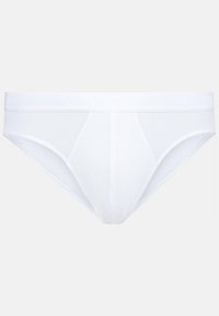Weiße Unterhose aus strukturiertem Stoff, mit glattem Bund und kantiger Gestaltung. Einfach und funktional ohne Muster oder Akzente.