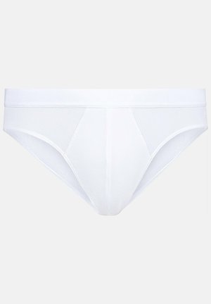 Witte slip van textuurstof, met een soepel tailleband en een hoekig ontwerp. Eenvoudig en functioneel zonder patronen of accenten.