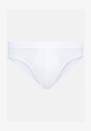 Witte slip van textuurstof, met een soepel tailleband en een hoekig ontwerp. Eenvoudig en functioneel zonder patronen of accenten.