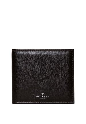 Cartera negra de cuero texturizado de doble pliegue con el logo de Hackett London en relieve en blanco en el centro delantero.
