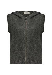 Gilet sans manches gris avec capuche, en tissu doux, doté d'une fermeture éclair sur le devant et d'un ourlet côtelé, offrant un look décontracté en superposition.
