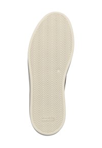 Witte rubberen zool met een visgraatpatroon, voorzien van een beige rand. Toont een rond logo nabij het hielgebied.