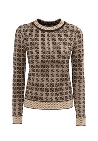 Maglione a maniche lunghe marrone e beige in maglia, caratterizzato da un motivo a logo ripetuto, scollatura rotonda e polsini a costine con dettagli a pois.