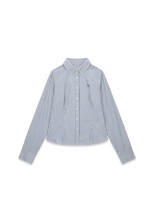 Gestreiftes Baumwollhemd in Hellblau und Weiß mit weitem Kragen, langen Ärmeln und kurzem Schnitt mit Knopfmanschetten.