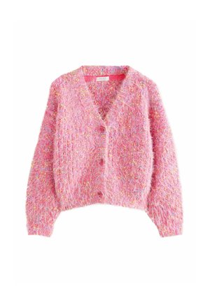 Cardigan rosa in maglia soffice con macchie multicolori, maniche lunghe, scollo a V e chiusura con bottoni sul davanti.