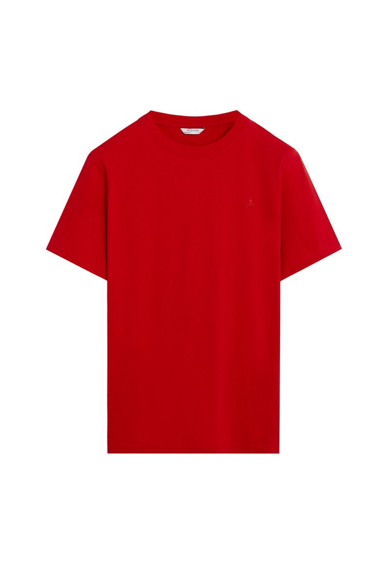Camiseta de algodón roja con cuello redondo y mangas cortas. Presenta un logo sutil en el lado izquierdo del pecho. Textura suave, corte casual.