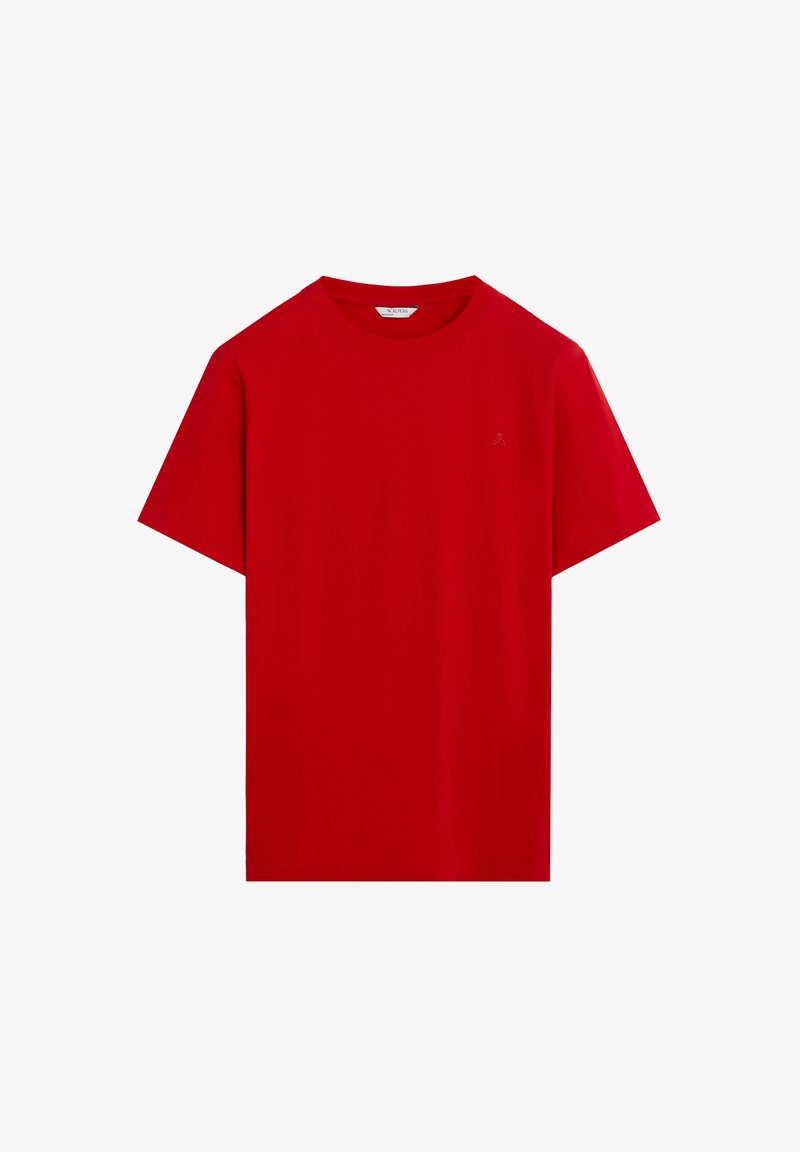 Tricou din bumbac roșu cu decolteu rotund și mâneci scurte. Prezintă un logo subtil pe pieptul stâng. Textură netedă, croială lejeră.