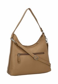 Tasche aus braunem Leder mit strukturiertem Oberflächen, einem einzigen oberen Griff und einem abnehmbaren Umhängegurt. Verfügt über ein Frontreißverschlussfach.