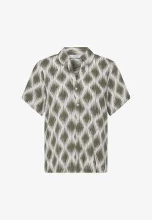 Košeľa s krátkym rukávom na zapínanie na gombíky s olivovo zeleným a bielym abstraktným diamantom vzorom a špicatým golierom.