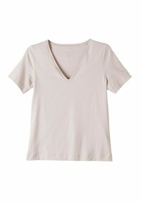 Korte mouw V-hals t-shirt in licht beige, gemaakt van een zachte katoenmix. Heeft een klassieke snit met een iets casual pasvorm.