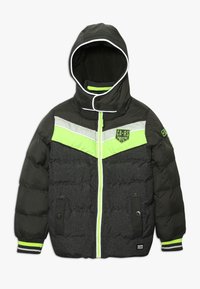 Ulljacka med svart utsida, gr å detaljer, neongröna ränder, huva och två framlommor med knappstängning.