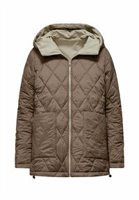 Giacca marrone trapuntata con cappuccio, caratterizzata da una fodera interna di un verde chiaro a contrasto, due tasche frontali e una chiusura con zip.