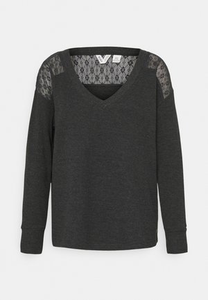 Dunkelgrauer Langarmpullover mit V-Ausschnitt und Spitzenverzierung an Schultern und oberem Rücken.