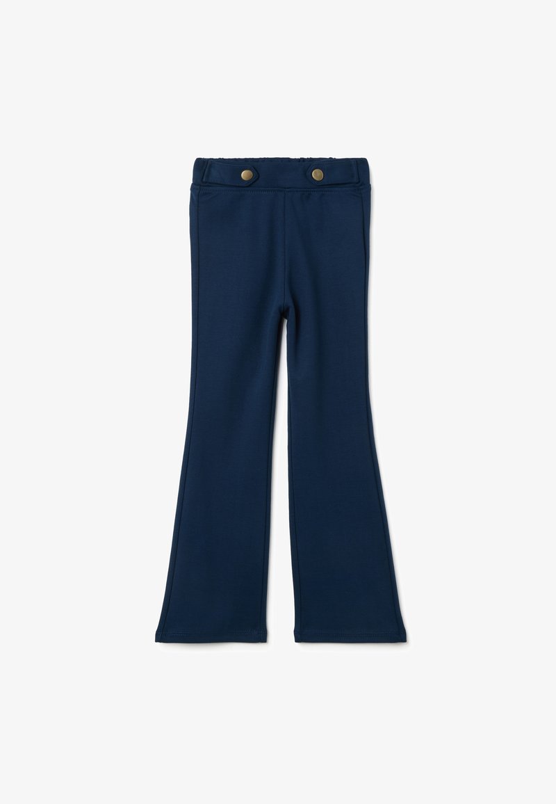 Marineblauwe stretchbroek met een uitlopende vorm, voorzien van twee decoratieve goudkleurige knopen op de tailleband en een gladde, zachte textuur.