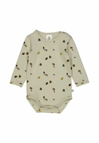 Langarm-Babybodysuit aus hellgrünem Baumwollstoff mit einem verspielten Druck von Schnecken, Blättern und Pilzen; mit Druckknopfverschlüssen.