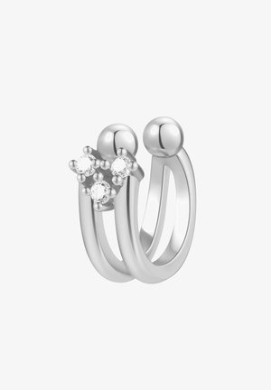 Bague double anneau en argent avec trois petites pierres précieuses translucides regroupées à une extrémité et une boule lisse en argent à l'autre extrémité.
