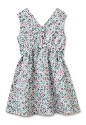 Ärmelloses Kleid mit V-Ausschnitt und geraffter Taille, mit einem mehrfarbigen geometrischen Blumenmuster und drei Holzknöpfen vorne am Oberteil.