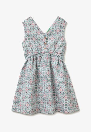 Ärmelloses Kleid mit V-Ausschnitt und geraffter Taille, mit einem mehrfarbigen geometrischen Blumenmuster und drei Holzknöpfen vorne am Oberteil.