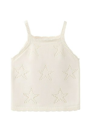 Kremasti pleteni top bez rukava s tankim naramenicama i uzorkom perforacija u obliku zvijezda po cijelom površini.