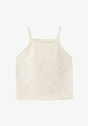Krémový pletený krátky top bez rukávov s tenkými ramienkami a perforovanými vzormi v tvare hviezd po celej ploche.