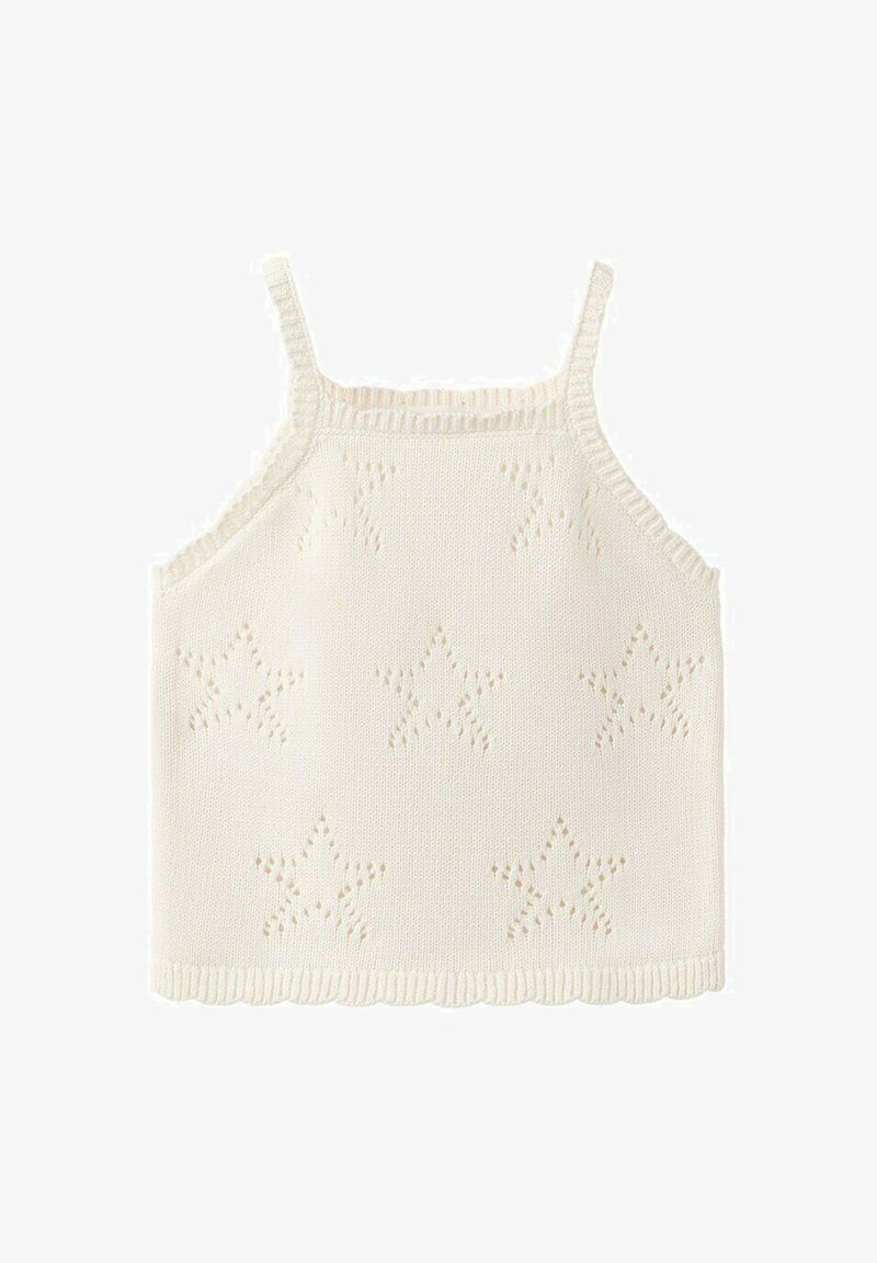 Crop top sans manches en tricot crème avec fines bretelles et motifs perforés en forme d'étoile partout.