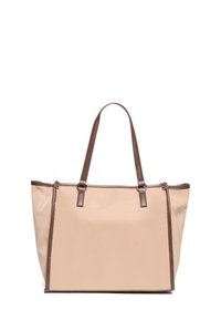 Borsa tote beige con manici e dettagli in pelle marrone. Caratterizzata da una finitura liscia e un design strutturato, adatta per l'uso quotidiano.