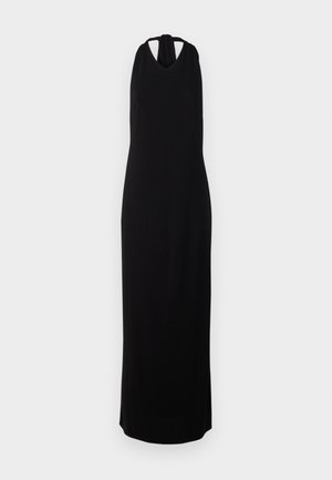 Black sleeveless maxi dress with a halter neck, made of smooth fabric, features a V-neckline and a straight, floor-length silhouette.