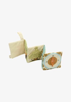 Fabric activity book with soft pages. Features earthy tones, tree and compass designs, textured elements, and a carrying handle.