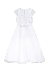 Weißes Kleid mit einem Mieder aus Spitze und kurzen Ärmeln, einem glatten Rock und einer Taillenschleife hinten. Strukturierte Spitze und klare Linien überall.