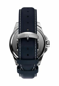 Orologio Timex con cassa in acciaio inossidabile, cinturino in pelle blu con cuciture bianche e quadrante rotondo con design resistente all'acqua.