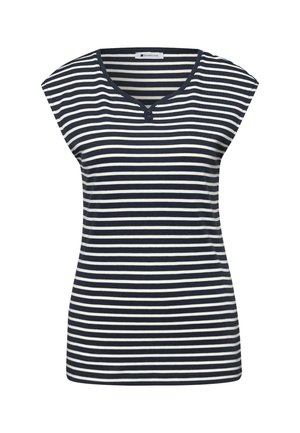 Marineblaues und weißes, horizontal gestreiftes ärmelloses Oberteil mit rundem Ausschnitt und zwei kleinen Knöpfen in der Mitte vorne.