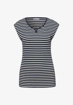 Top senza maniche a righe orizzontali blu marina e bianche con scollo rotondo e due piccoli bottoni al centro davanti.