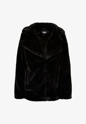 Chaqueta de piel sintética negra con solapa ancha, mangas largas y un corte relajado. La textura suave y las líneas limpias crean una silueta moderna.