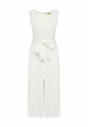 Biała lniana sukienka z dekoltem w serek, bez rękawów, z wiązaniem w talii i rozcięciem z przodu. Posiada dwie boczne kieszenie. Gładka struktura.