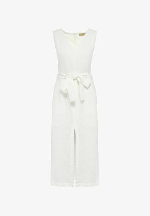 Biała lniana sukienka z dekoltem w serek, bez rękawów, z wiązaniem w talii i rozcięciem z przodu. Posiada dwie boczne kieszenie. Gładka struktura.