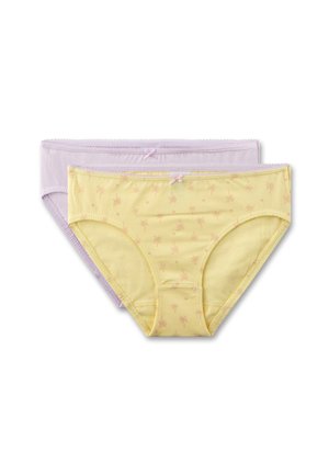 Zwei Paare Frauenunterwäsche aus Baumwolle: eines in Lavendel und eines in Gelb mit einem pinken Palmenmuster, mit zarten Taillenbündchen und Schleifendetails.