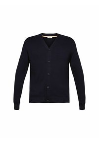 Marinblå cardigan med V-ringning, sex framknappar, ribbade muddar och nederkant. Tillverkad av mjukt stickat material med en slät textur.