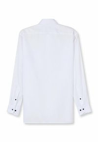 Weißes Langarmhemd mit Punktkragen, glatter Textur und schwarzen Knopfakzenten an den Manschetten. Rückansicht gezeigt.