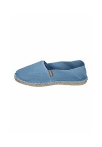 Blue canvas espadrille slip-on shoe with a soft, textured upper and braided jute sole. Features a stitched edge along the sole.