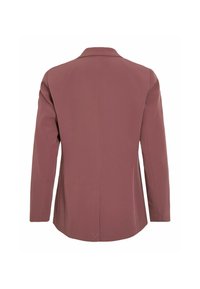 Smeđi sako u kroju s izrezom, dugim rukavima i jednim otvorom na leđima. Glatka tekstura i strukturirani dizajn.