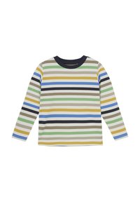 Koszula z długim rękawem w paski, z poziomymi paskami w kolorze zielonym, niebieskim, brązowym i żółtym na kremowym tle, z granatowym okrągłym dekoltem.