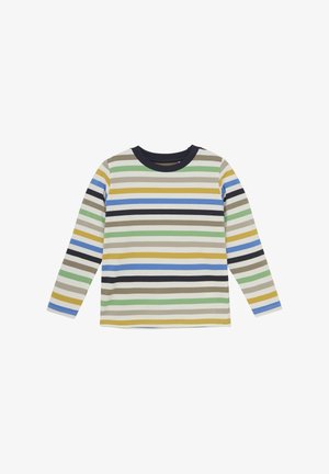 Chemise à manches longues rayée avec des rayures horizontales vertes, bleues, marron et jaunes sur un fond crème, avec un col rond marine.