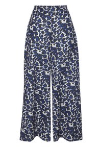 Laiene jalad sinise ja valge loomamustriga püksid, sujuva kangaga, kõrge talje ja ilma nähtavate kinnituste või taskuteta.