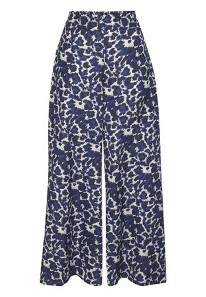 Pantalones de pierna ancha con un estampado animal en azul y blanco, fabricados en un tejido suave, con cintura alta y sin cierres ni bolsillos visibles.