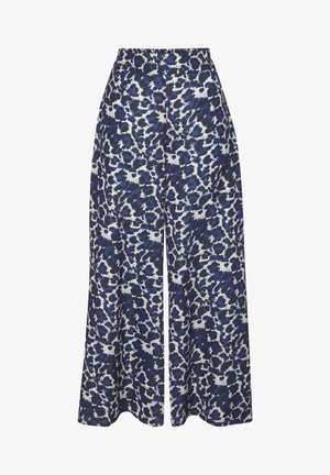 Platas kājas bikses zilā un baltā dzīvnieku rakstā, ar gludu audumu, augstu jostasvietu un bez redzamām aizdaru vai kabatām.